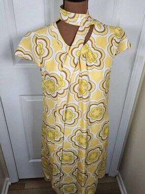 Kate Spade Silk Shift Dress Mod Floral Print Yellow Brown Keyhole Neck Size 6